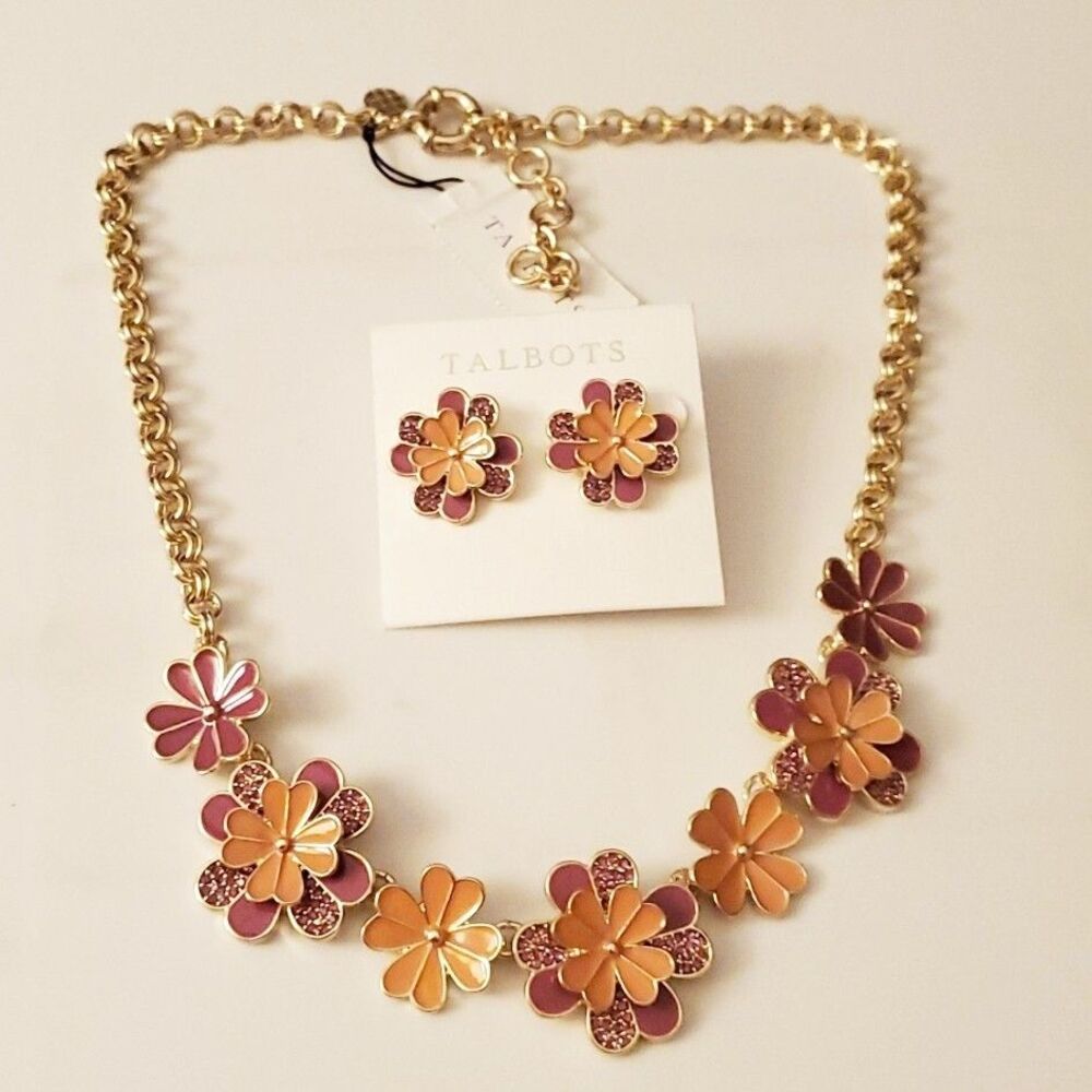 TALBOTS Flower Statement Necklace & Earring Set Nectarine Pink Orange Gold Tone